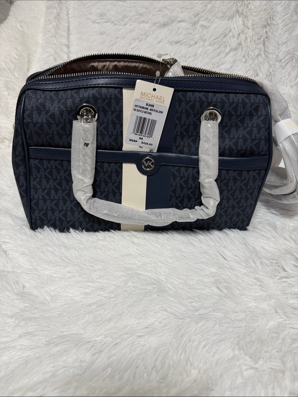 Michael Kors Navy and Cream Stripe Signature Satchel